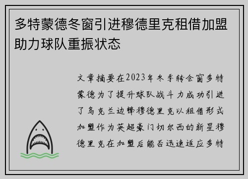 多特蒙德冬窗引进穆德里克租借加盟助力球队重振状态 多特蒙德冬窗引进穆德里克租借加盟助力球队重振状态