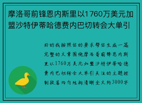 摩洛哥前锋恩内斯里以1760万美元加盟沙特伊蒂哈德费内巴切转会大单引关注 摩洛哥前锋恩内斯里以1760万美元加盟沙特伊蒂哈德费内巴切转会大单引关注
